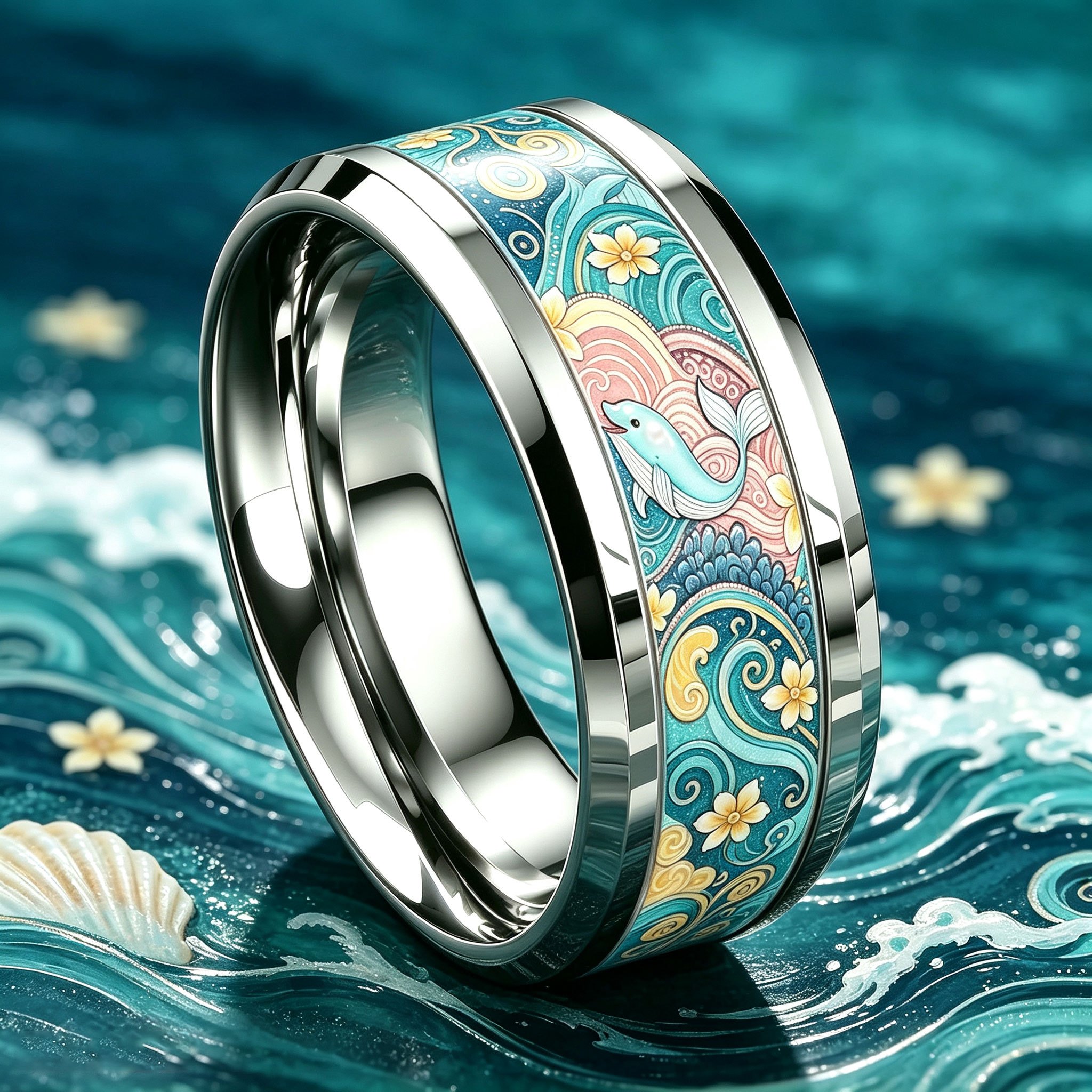 Wavy Dolphin Floral 304L Stainless Steel Ring, Unisex